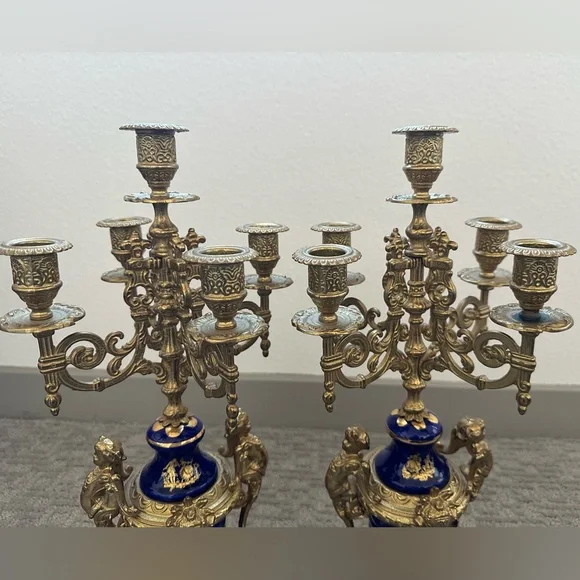 Pair Italian Cobalt & Gilt Rococo 5-Light Candelabra – Brevettato - Picture 6 of 16